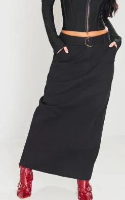 Black Heavy Twill Belted Midaxi Skirt