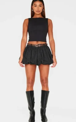 Black Herringbone Print Belted Tailored Puffball Mini Skirt