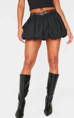Black Herringbone Print Belted Tailored Puffball Mini Skirt