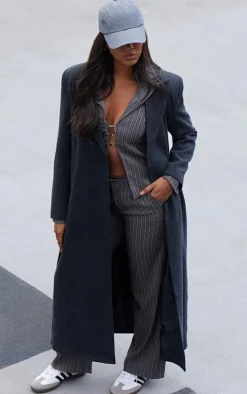 Black Herringbone Self Tie Maxi Coat
