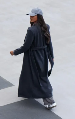 Black Herringbone Self Tie Maxi Coat