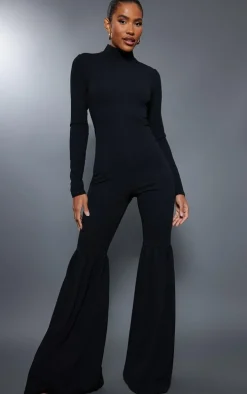Black High Neck Extreme Flare Long Sleeve Jumpsuit