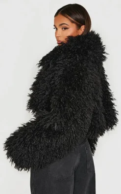 Black High Neck Faux Fur Cropped Jacket