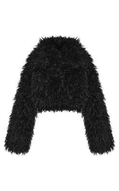 Black High Neck Faux Fur Cropped Jacket