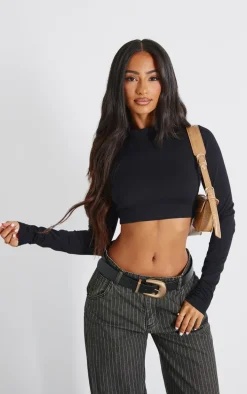 Black High Neck Long Sleeve Crop Top