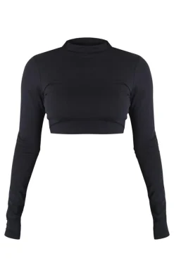 Black High Neck Long Sleeve Crop Top