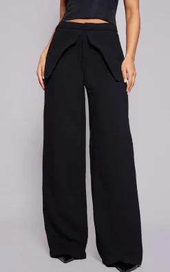 Black High Waisted Peplum Detail Straight Leg Pants