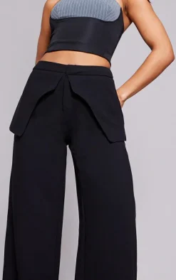 Black High Waisted Peplum Detail Straight Leg Pants