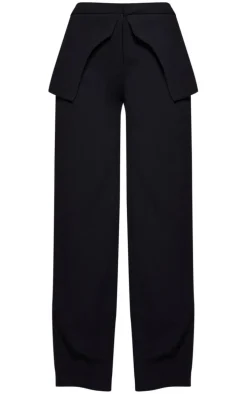 Black High Waisted Peplum Detail Straight Leg Pants