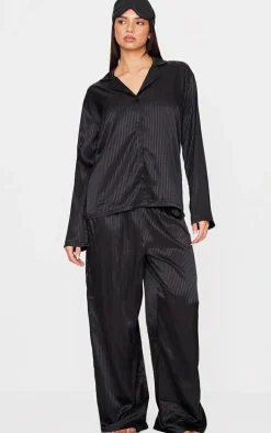 Black Jacquard Stripe Satin Long Pj Set