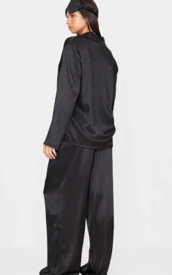 Black Jacquard Stripe Satin Long Pj Set