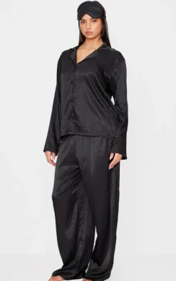 Black Jacquard Stripe Satin Long Pj Set