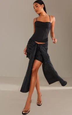 Black Jacquard Woven Drape Front Mini Skirt