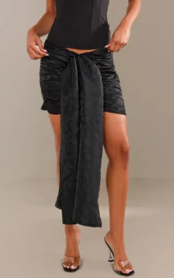 Black Jacquard Woven Drape Front Mini Skirt