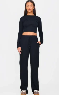Black Jersey Cotton Wide Leg Pants