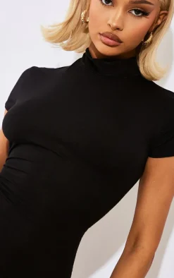 Black Jersey High Neck Cap Sleeve Bodycon Dress