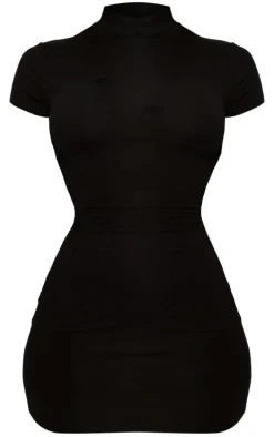 Black Jersey High Neck Cap Sleeve Bodycon Dress