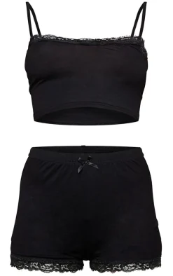 Black Jersey Lace Trim Short PJ Set