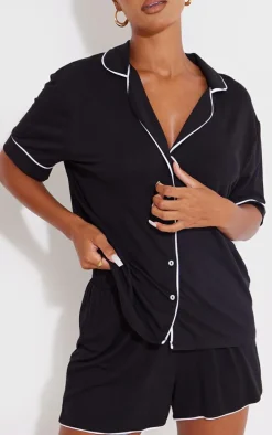 Black Jersey Piping Detail Short PJ Set