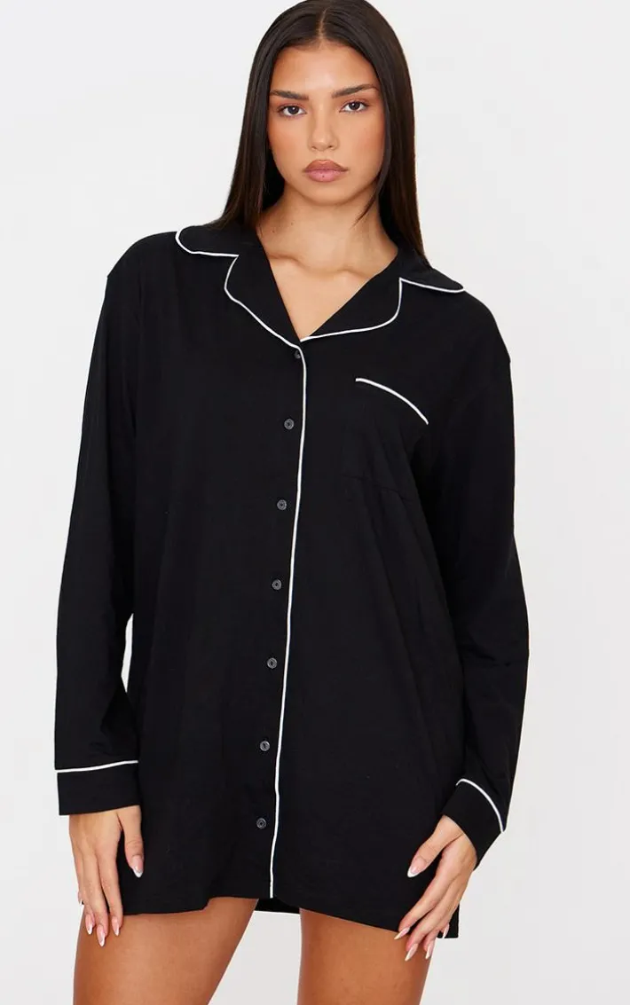 Black Jersey Piping Detail Long Sleeve Nightdress