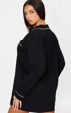 Black Jersey Piping Detail Long Sleeve Nightdress