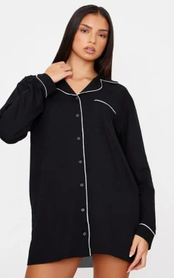 Black Jersey Piping Detail Long Sleeve Nightdress