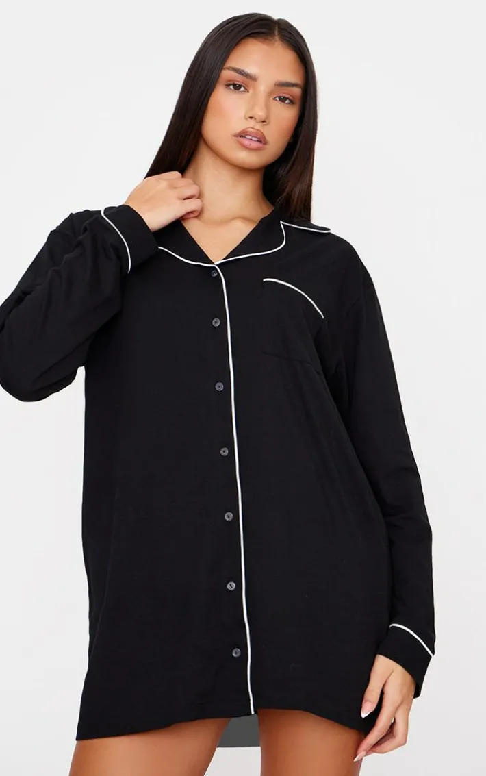 Black Jersey Piping Detail Long Sleeve Nightdress