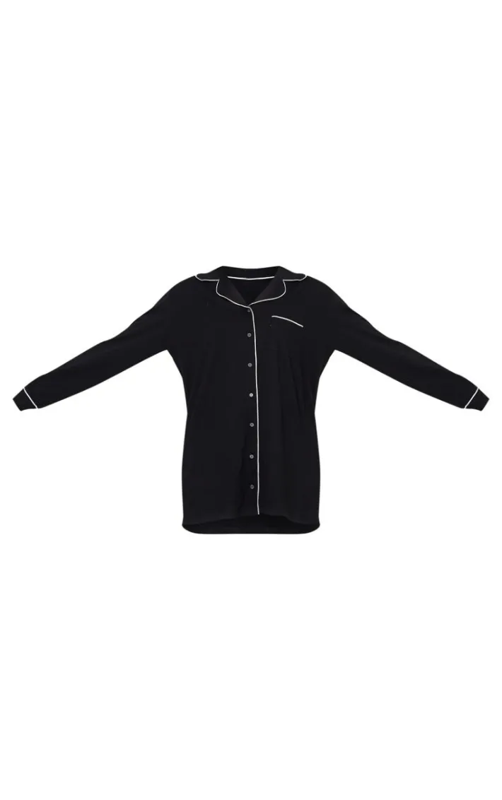 Black Jersey Piping Detail Long Sleeve Nightdress