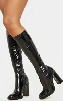 Black Knee High Block Heel Sock Boot