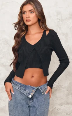 Black Knit Double Layer Top
