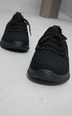 Black Knitted Lace Up Sports Sneakers