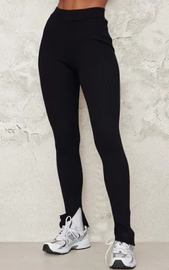 Black Knitted Ribbed Leggings