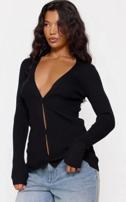 Black Knitted Ribbed Long Sleeve Cardigan