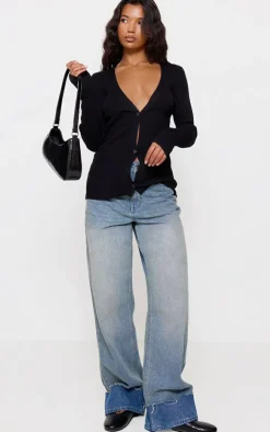 Black Knitted Ribbed Long Sleeve Cardigan