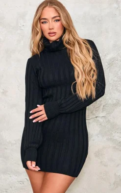 Black Knitted Roll Neck Sweater Dress