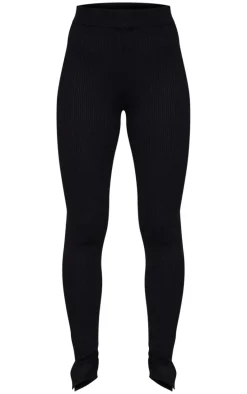 Black Knitted Split Hem Flare Pants