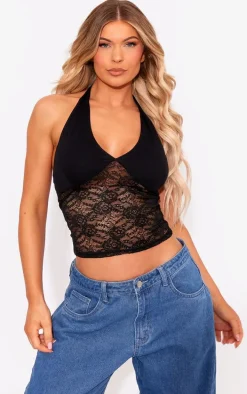 Black Lace Body Cotton Bust Halterneck Top