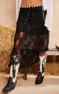 Black Lace Contrast Waist Asymmetric Hem Midi Skirt