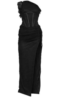 Black Lace Corset Detail One Shoulder Midaxi Dress