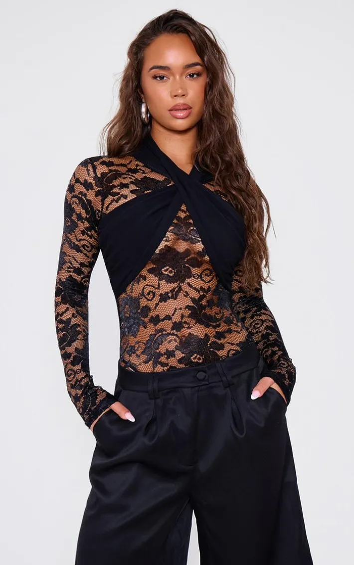Black Lace Cross Front Bodysuit