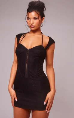 Black Lace Cup Detail Short Sleeve Mini Dress