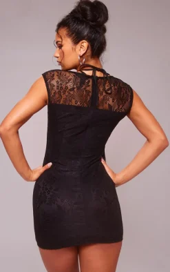Black Lace Cup Detail Short Sleeve Mini Dress