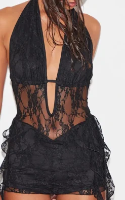 Black Lace Drape Detail Skort Romper