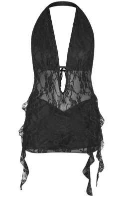 Black Lace Drape Detail Skort Romper