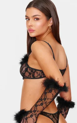 Black Lace Feather Trim Lingerie Set with Gloves