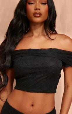 Black Lace Foldover Bardot Crop Top