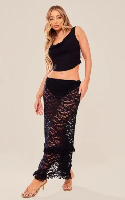 Black Lace Frill Trim Midi Skirt