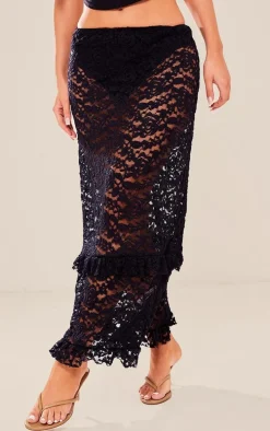 Black Lace Frill Trim Midi Skirt