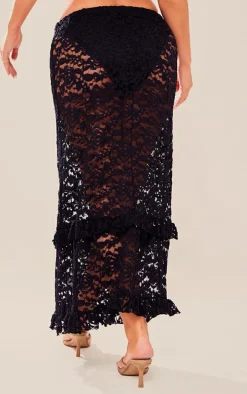 Black Lace Frill Trim Midi Skirt