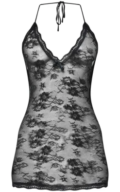 Black Lace Slip Dress and Thong Lingerie Set